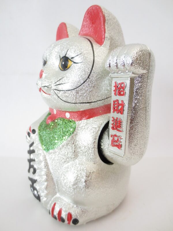 Lucky Cat glitter zilver met beweegbare arm klein