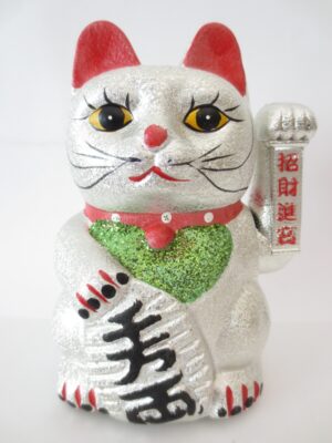 Lucky Cat glitter zilver met beweegbare arm klein